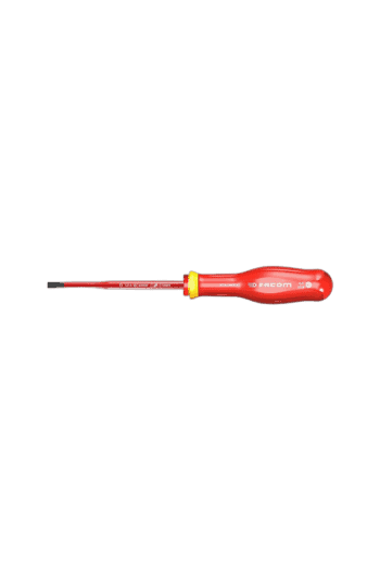 Facom screwdriver with red handle and yellow accents, suitable for precision work and electrical applications.