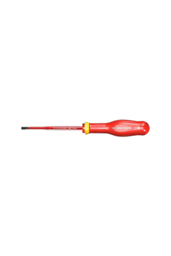 Facom screwdriver with red handle and black shaft, suitable for precision work and mechanical repairs.