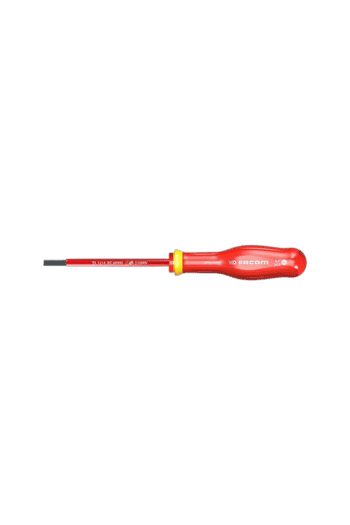 Facom screwdriver with red handle and black tip, ideal for electrical work and precision tasks.