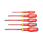 Set of five Facom insulated screwdrivers with red handles and black tips, suitable for electrical work up to 1000V.
