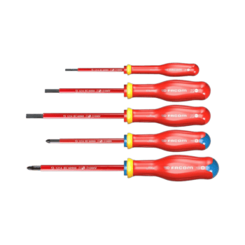 Set of five Facom insulated screwdrivers with red handles and black tips, suitable for electrical work up to 1000V.