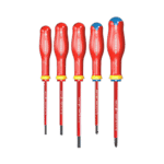 Set of five Facom screwdrivers with red handles and yellow accents, arranged in ascending order of size.