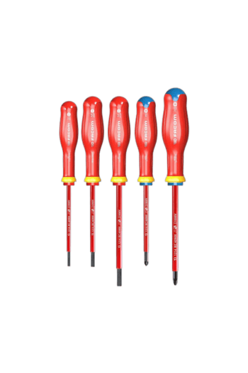 Set of five Facom screwdrivers with red handles and yellow accents, arranged in ascending order of size.