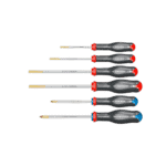 Set of five insulated screwdrivers with red, blue, and black handles, ideal for electrical work and safety.