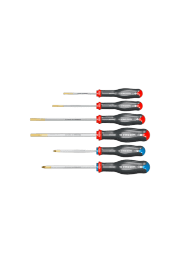 Set of five insulated screwdrivers with red, blue, and black handles, ideal for electrical work and safety.