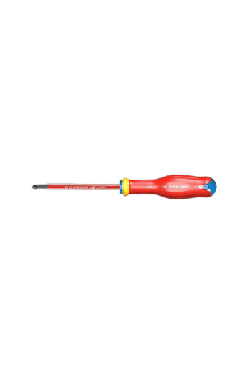 Facom screwdriver with red handle and yellow accents, suitable for electrical work and precision tasks.
