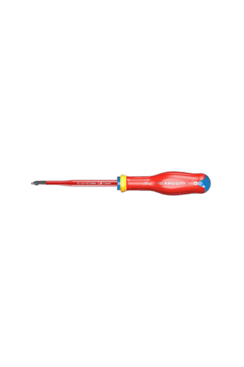 Precision screwdriver with red handle and yellow accents, ideal for electrical and electronic repairs.