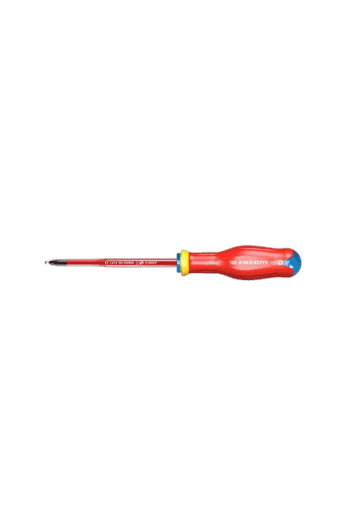 Facom screwdriver with red handle and black tip, suitable for precision work and electrical applications.
