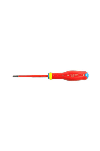 Facom screwdriver with red handle and black tip, suitable for precision work and electrical applications.