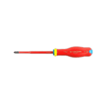 Red and yellow-handled screwdriver with a black tip, suitable for electrical work and precision tasks.