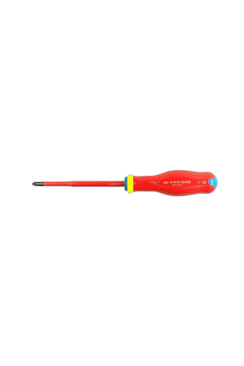 Red and yellow-handled screwdriver with a black tip, suitable for electrical work and precision tasks.