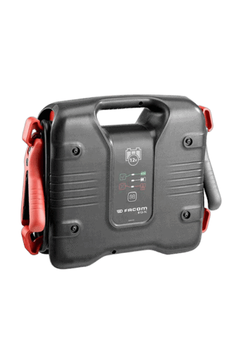 Facom Booster 12V portable jump starter with integrated cables and digital display for vehicle emergency use.