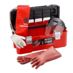 Facom EV vehicle protection kit with gloves, face shield, and tools in a red case for electric vehicle safety.