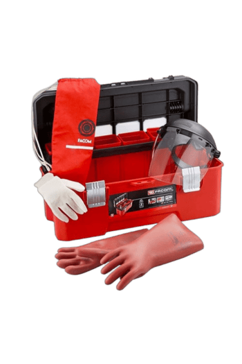 Facom EV vehicle protection kit with gloves, face shield, and tools in a red case for electric vehicle safety.