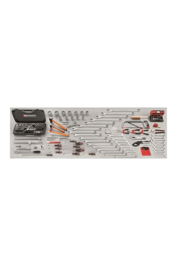 Complete Facom tool kit with 151 pieces including wrenches, screwdrivers, pliers, and sockets, displayed on a black background.