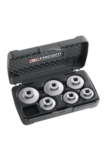 Facom oil cap wrench kit D.163-J6pb with six different-sized wrenches in a black plastic case.