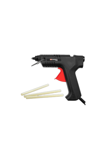 Facom E.900b glue gun with three glue sticks on a white background, showcasing its ergonomic design and functionality.