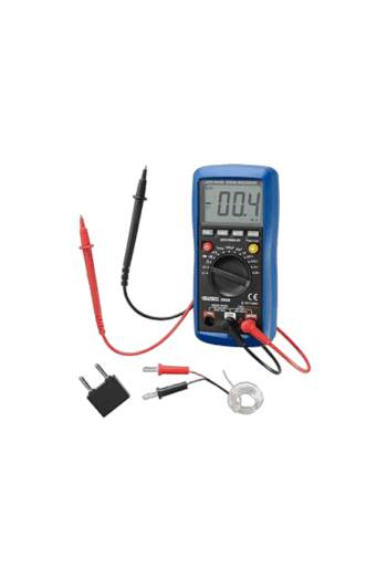 Digital multimeter with probes displaying 0.04 on the screen, used for electrical testing and measurements.