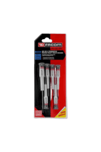 Facom micro screwdriver set with four screwdrivers in red, black, and silver handles in packaging.
