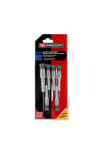 Facom micro screwdriver set with four screwdrivers in red, black, and silver handles in packaging.