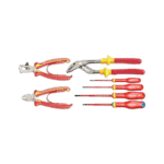 Set of insulated electrical pliers and screwdrivers with red and yellow handles, ideal for electrical work and safety.