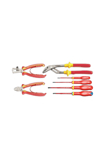 Set of insulated electrical pliers and screwdrivers with red and yellow handles, ideal for electrical work and safety.