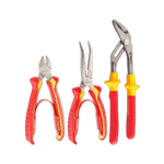 Set of three professional-grade pliers with red and yellow handles, including needle nose, diagonal cutting, and combination pliers, ideal for electrical and mechanical work.