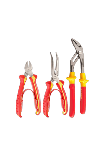 Set of three professional-grade pliers with red and yellow handles, including needle nose, diagonal cutting, and combination pliers, ideal for electrical and mechanical work.