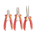 Set of three Facom 1000V insulated pliers including combination, needle nose, and side cutting tools with red and yellow handles.