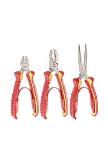 Set of three Facom 1000V insulated pliers including combination, needle nose, and side cutting tools with red and yellow handles.