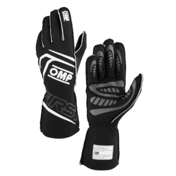 Black and grey racing gloves from Grand Prix Racewear, designed for motorsport safety and performance.