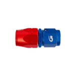 Close-up of a Goodridge 200 Series Cutter Fitting in red and blue, used for high-performance hydraulic brake and clutch systems.