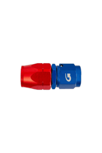 Close-up of a Goodridge 200 Series Cutter Fitting in red and blue, used for high-performance hydraulic brake and clutch systems.