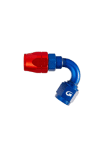 High-performance racing hose fitting with red and blue components for Grand Prix racewear.