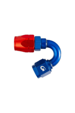 High-performance racing fuel fitting with red and blue anodised aluminium for Grand Prix racewear.