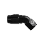 Close-up of a black forged aluminium 90-degree AN fitting for high-performance automotive applications.