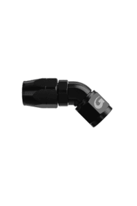 Close-up of a black forged aluminium 90-degree AN fitting for high-performance automotive applications.