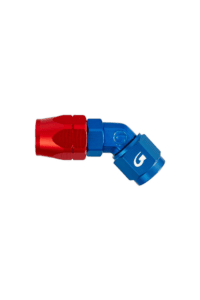 Red and blue racing fuel connector fitting for Grand Prix racewear, designed for high-performance motorsport applications.