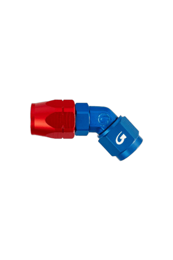Red and blue racing fuel connector fitting for Grand Prix racewear, designed for high-performance motorsport applications.