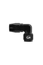 Close-up of a black GPR Direct racing connector with a 90-degree angle for high-performance motorsport applications.