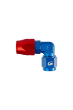 Close-up of a blue and red racing car connector fitting, used in high-performance motorsport applications.