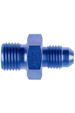 Close-up of a blue anodised metal fitting or connector, used in racing or automotive applications, with detailed threading.