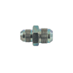 Close-up of a male-male 3/4 JIC fitting, used in hydraulic and racing applications, showcasing metallic construction and threaded ends.