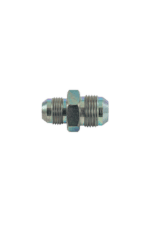 Close-up of a male-male 3/4 JIC fitting, used in hydraulic and racing applications, showcasing metallic construction and threaded ends.
