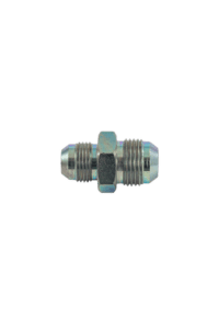 Close-up of a male-male 3/4 JIC fitting, used in hydraulic and racing applications, showcasing metallic construction and threaded ends.