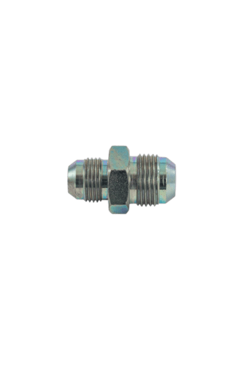 Close-up of a male-male 3/4 JIC fitting, used in hydraulic and racing applications, showcasing metallic construction and threaded ends.