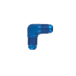 Blue 90-degree male-male hose connector fitting for racing applications.