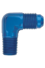 Blue 90-degree hose fitting with threaded ends, used in racing car fuel and fluid systems.