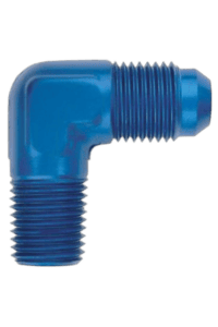 Blue 90-degree hose fitting with threaded ends, used in racing car fuel and fluid systems.