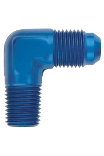 Blue 90-degree hose fitting with threaded ends, used in racing car fuel and fluid systems.